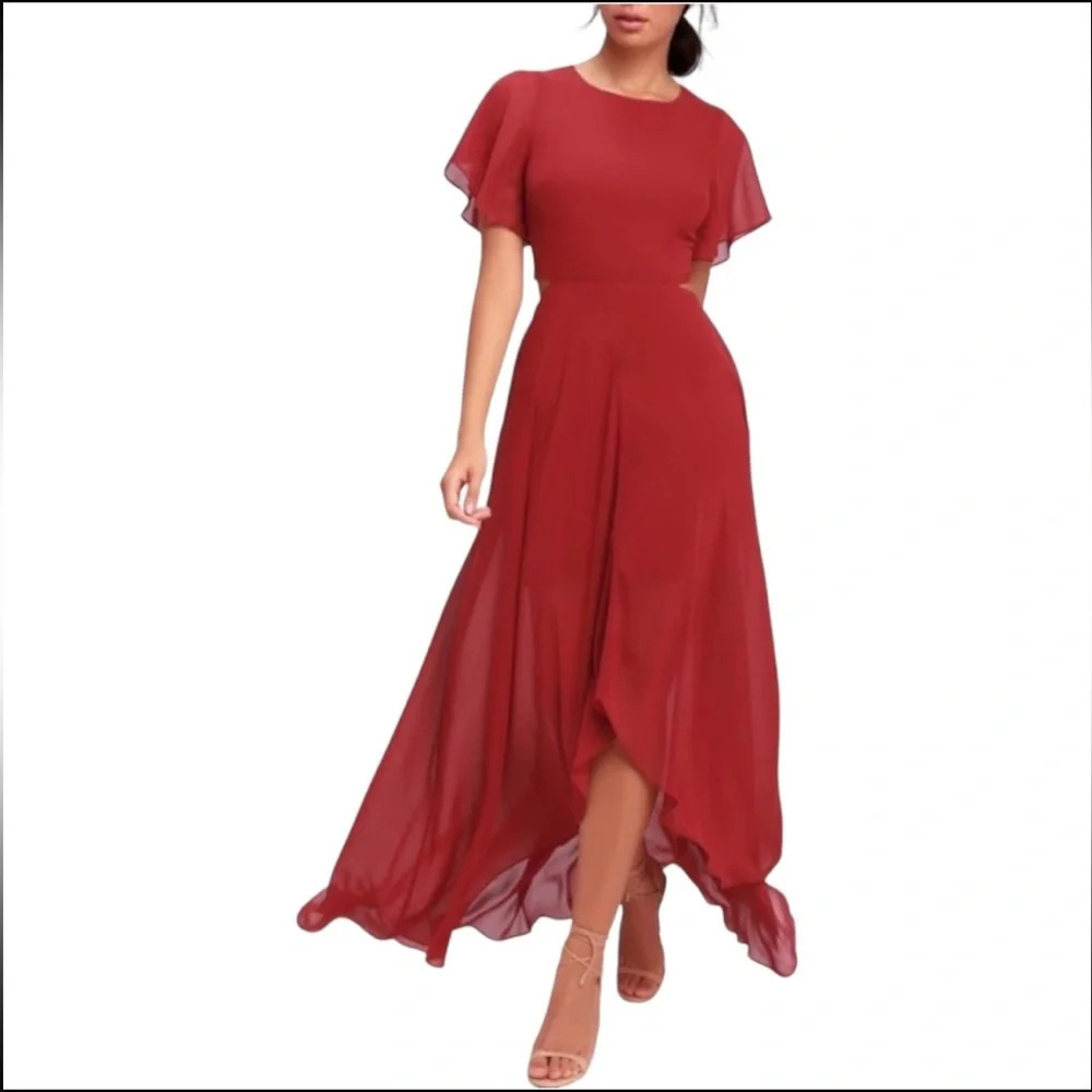NWT Ali & Jay Womens Small Red Flutter Sleeve High Low Maxi Dress Wedding Guest